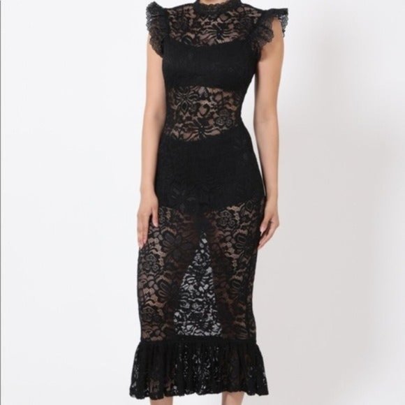 Valentine Black Sheer Lace Midi Dress - Picture 2 of 8